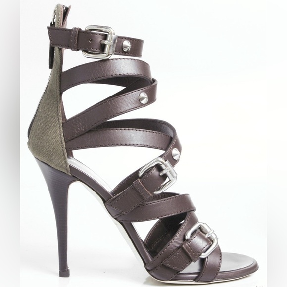 Giuseppe Zanotti Brown Leather and Khaki Canvas Stiletto Sandals